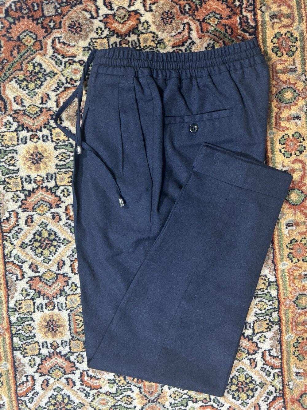 Rubinacci Napoli Navy Blue Stretch Waist Wool Trousers Drawstring 30x29 Flannel
